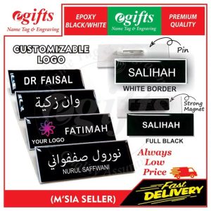 Name Tag Epoxy Acrylic Hitam Putih, Tag Jawi Utk Sekolah Cikgu, Murid dan Pekerja Pejabat untuk Biasa dan Epoxy